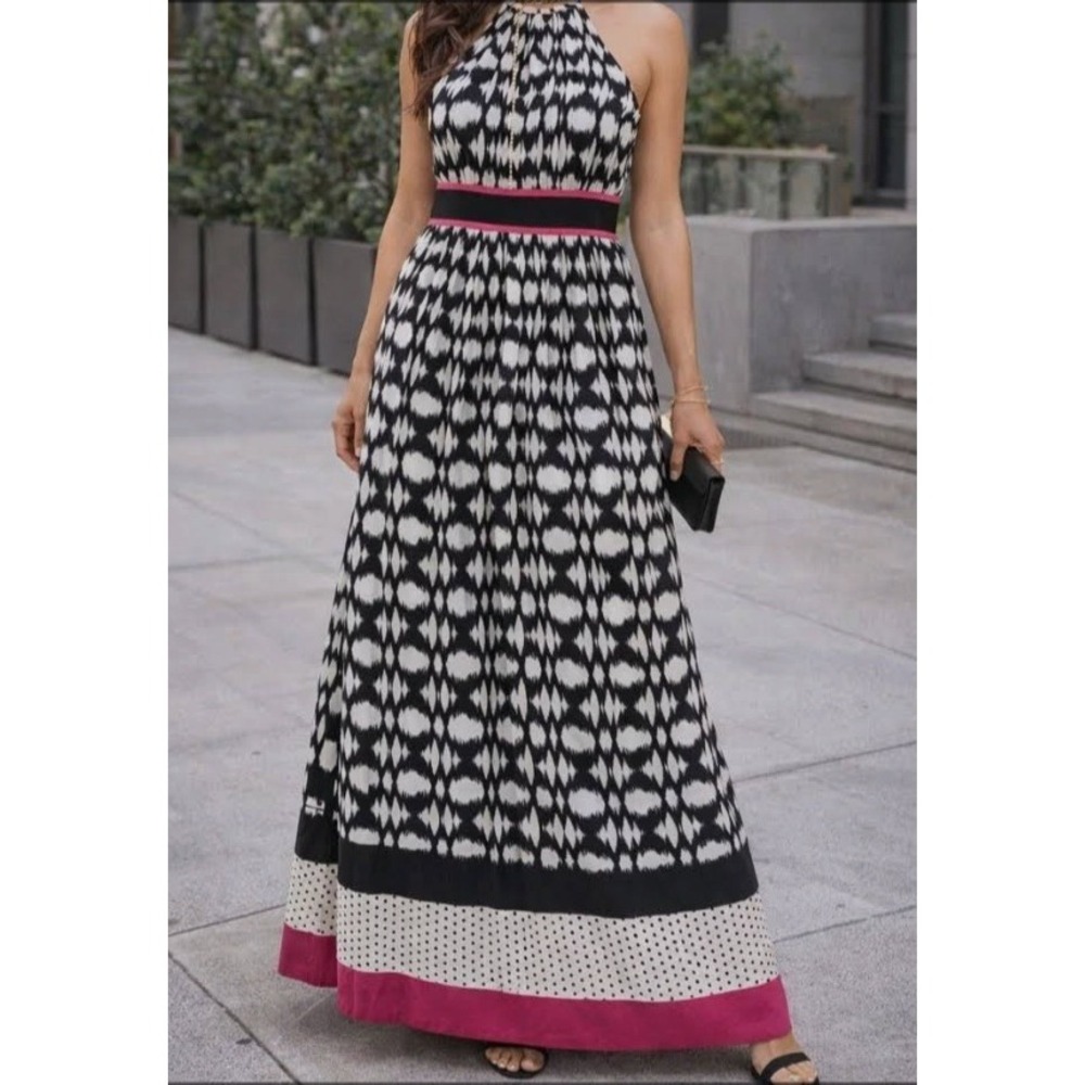 Eliza J Black White Pink Geometric Halter Maxi Dress Gold Chain Collar Size 8